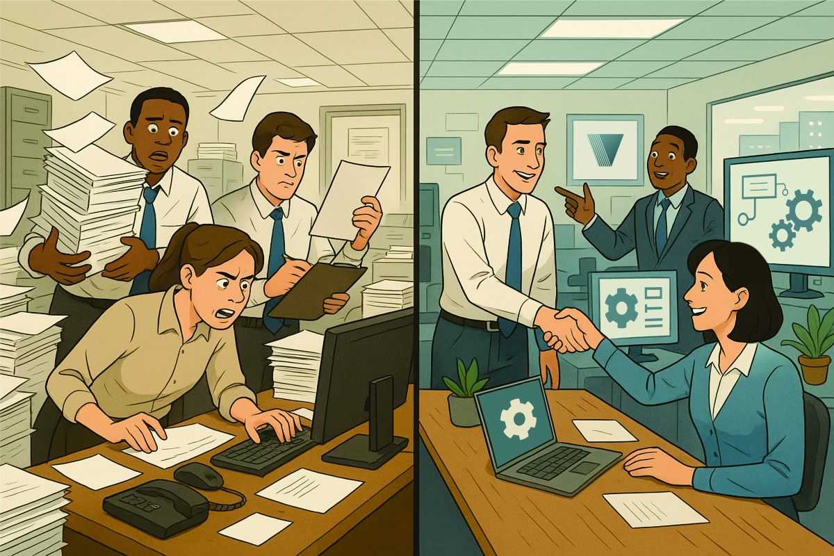 Two images showing people working in an office, illustrating the shift in competition from talent to operational efficiency
